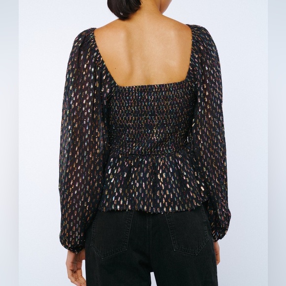 CIEBON Geena Metallic Navy Chiffon Knot Front Long Sleeve Peplum Top XS - Picture 4 of 12